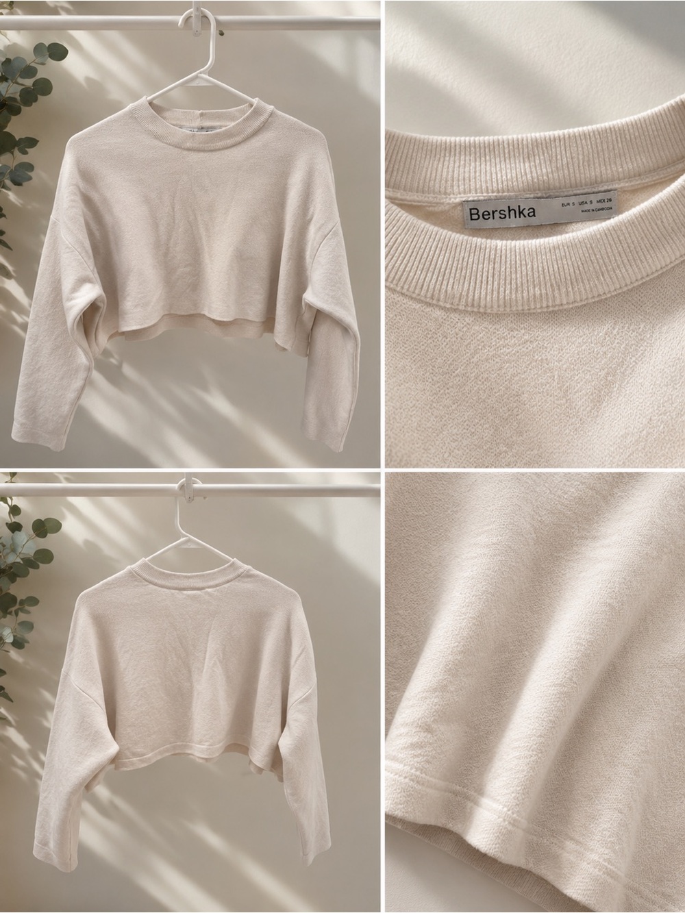 Bershka Cropped Crewneck Sweatshirt in Soft Beige